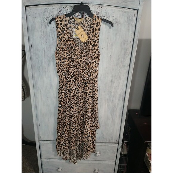 Democracy Leopard Print V-neck Sleeveless Dress Sm Hi-Lo Midi  Boho Feminine Y2k - Picture 1 of 8